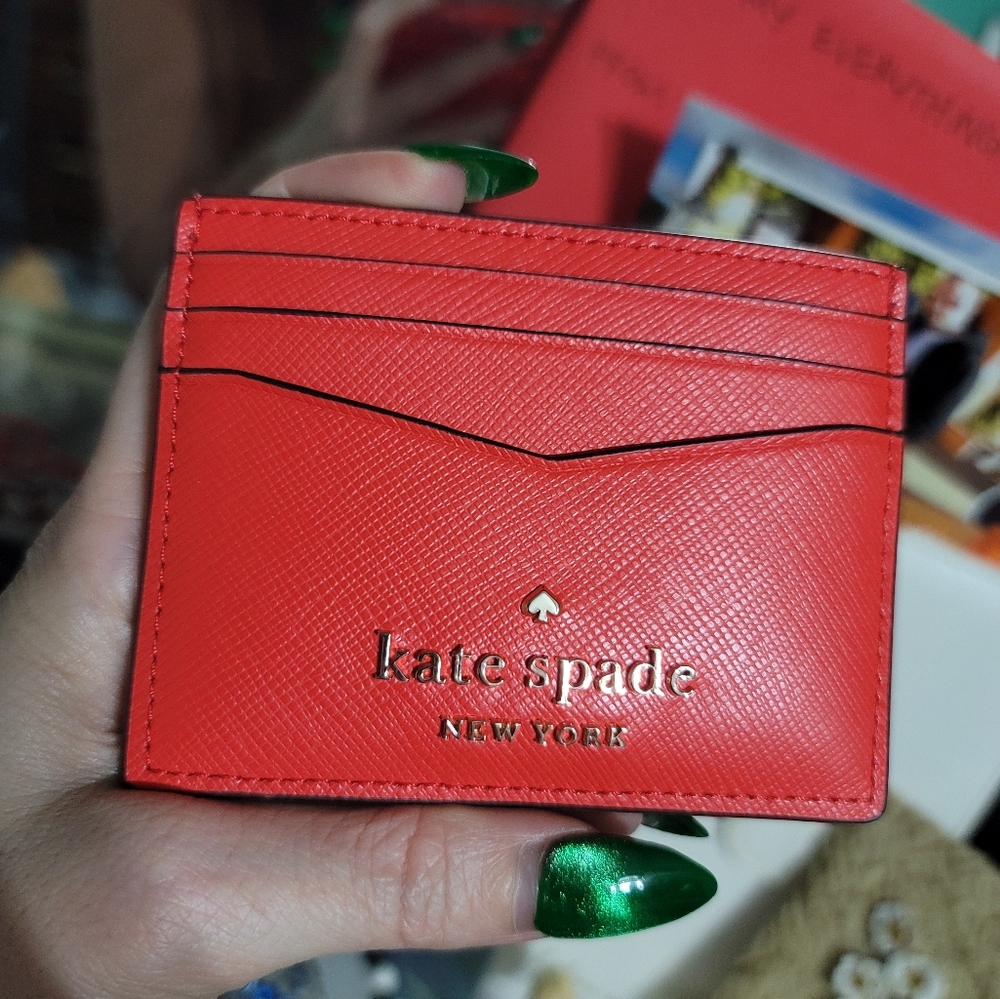 Kate Spade ♠️ Staci Small Slim Card Holder - Bright Melon Red & Silver KSNY Logo - Picture 8 of 11